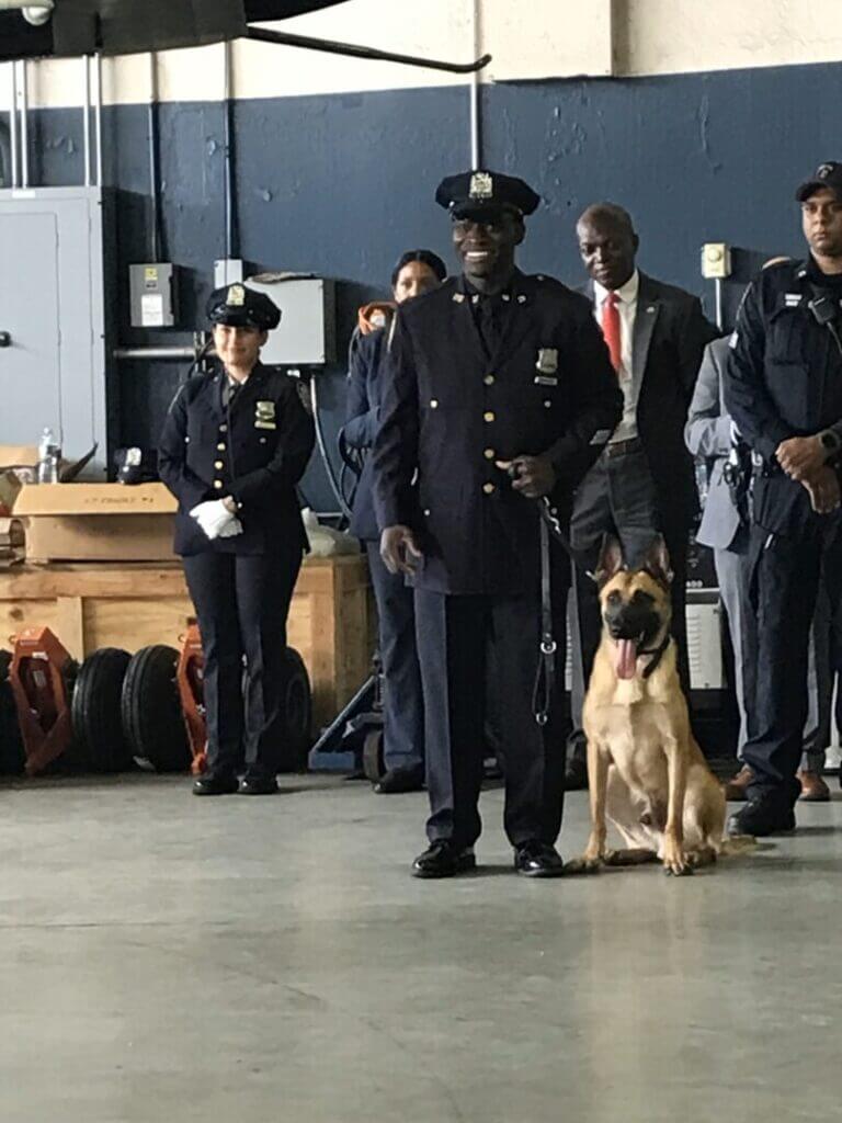 Police officers with a K9 dog in a hall