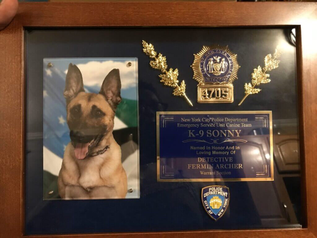 Framed memorial plaque with a photo of a police K9 dog and a badge